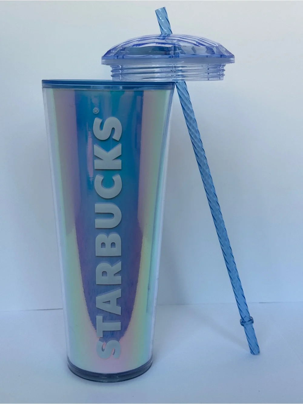 Starbucks Iridescent Pearl Blue Tumbler with Blue Dome Style Lid and Straw